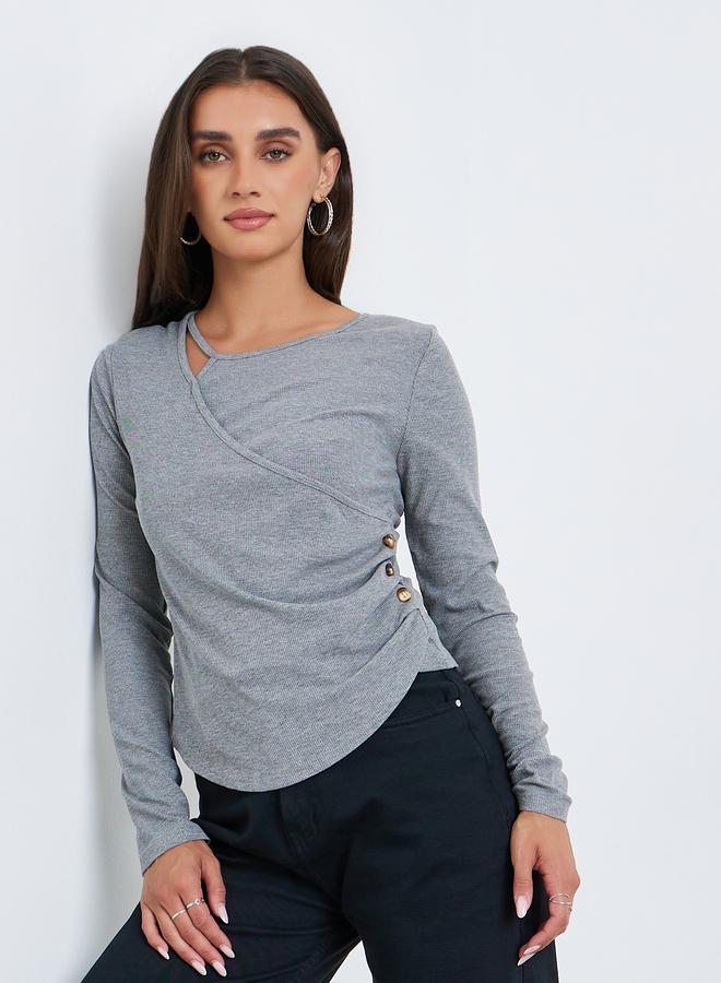 Styli Women Grey Asymmetric Long Sleeve Top - Image 1
